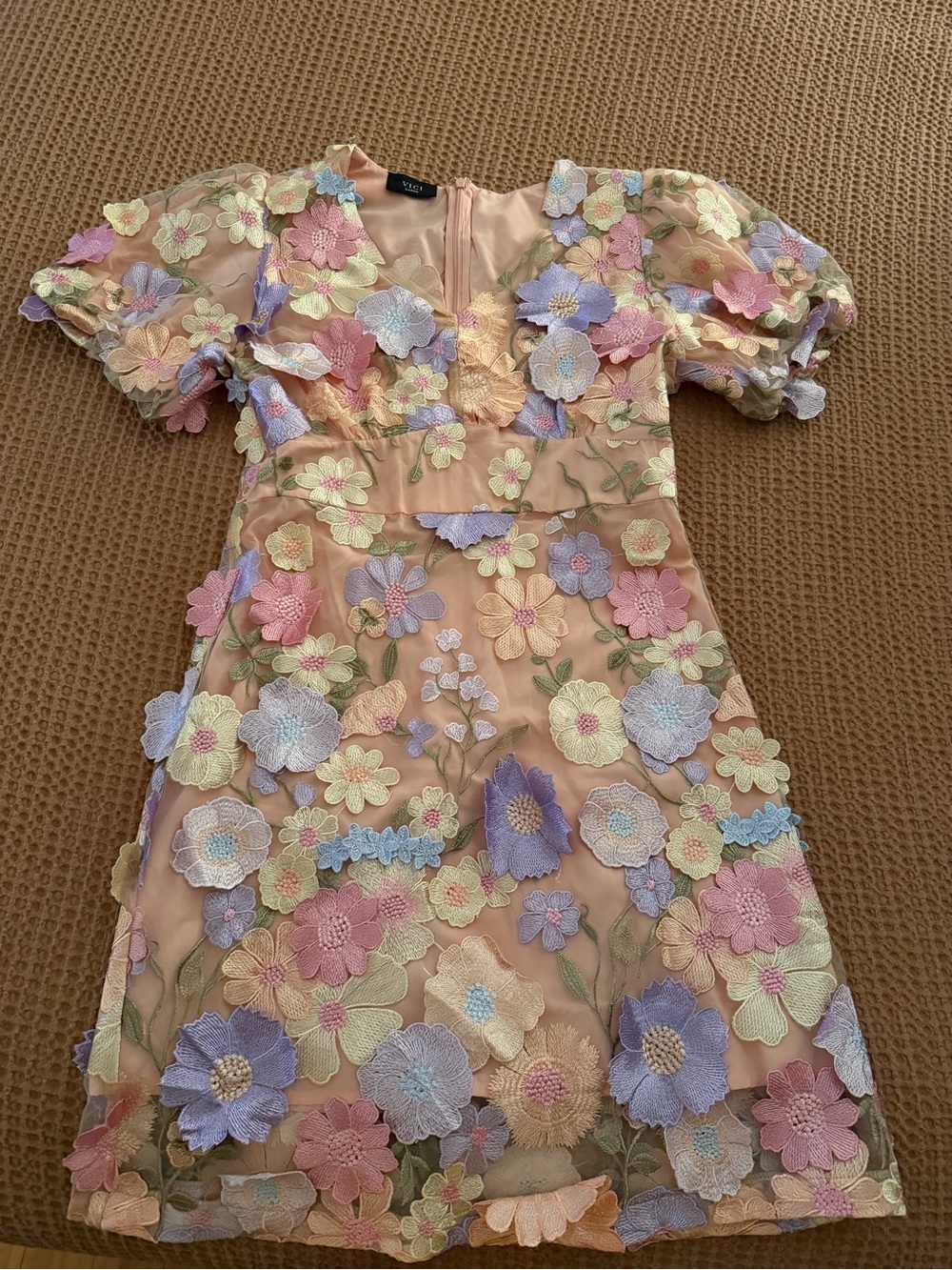 Vici Peach Midi Dress with Multicolor 3D Floral Appliqués